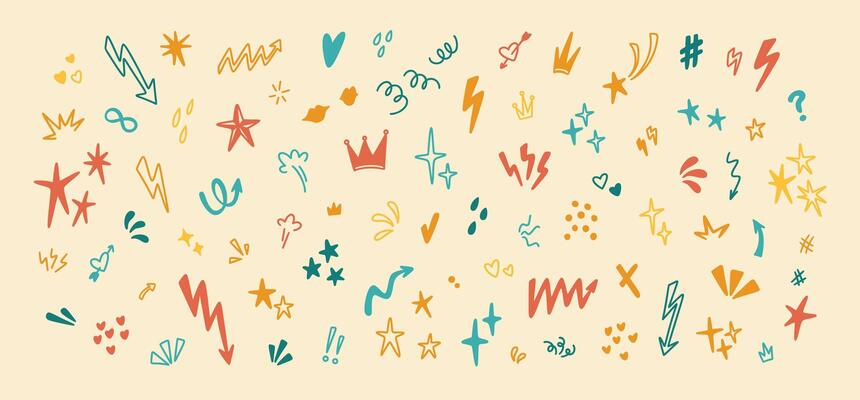 Set of cute line doodle design elements. Hand drawn sketch illustration. Colorful arrow, crown, bling, twinkle, star, heart, lightning shapes. Kid, Birthday celebration confetti background