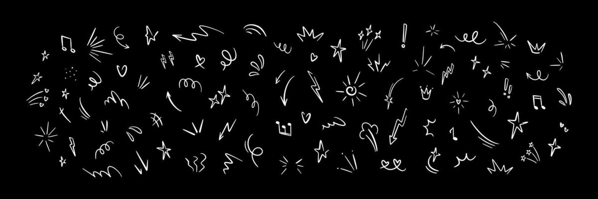 Cute line doodle scribble on the black chalkboard. Childish crayon drawing. Star, heart, sun, arrow shape illustration. Glitter, twinkle, spark kid handwritten sketch elements and icons