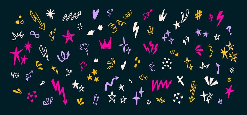 Set of cute line doodle sketch icons. Arrow, star, heart, crown, exclamation mark, twinkle, glitter confetti child crayon scribbles. Punk rock music neon graphic background. Emo goth hand drawn poster