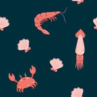 Seamless pattern sea life. Marine animals shrimp, crab and squid on dark background. illustration. vector