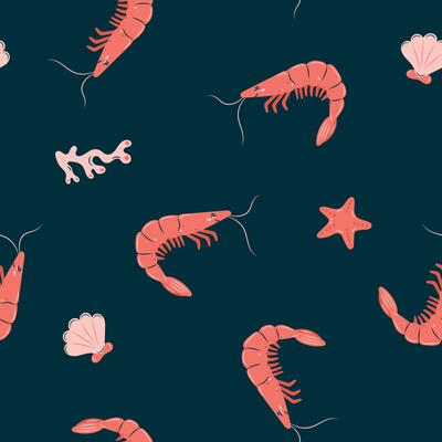 Seamless pattern sea life. Marine animals shrimp and starfish on dark background. illustration.
