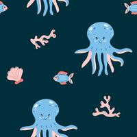 Seamless pattern sea life. Marine animals fish and octopus on dark background. illustration. vector