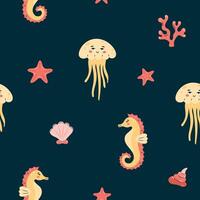 Seamless pattern sea life. Marine animals jellyfish and seahorse on dark background. illustration. vector