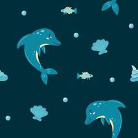 Seamless pattern sea life. Marine animals dolphin and fish on dark background. illustration. vector