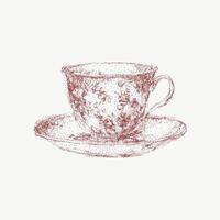 Retro tea party red illustration with dainty cup and floral ornaments. Stipple ink sketch in retro style, noisy halftone texture for elegant design. vector