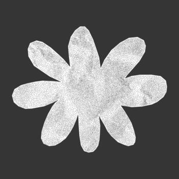 Simple silhouette of a flower with crumpled paper texture on dark background. Minimalistic sticker from notebook page with jagged torn edges, gritty dotted texture, halftone design. vector