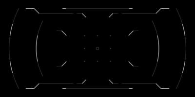 Futuristic HUD overlay with circular tech UI for drone, VR or cyberpunk game interface. Sleek sci fi frame with digital elements, radar, glitch effects and tactical data on clean black background. vector