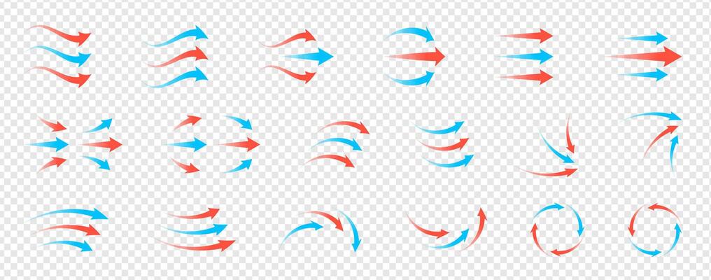 Airflow and ventilation set with hot and cold wind, arrows, fans, filters and stream lines. Clean graphics for HVAC, purifier, conditioner or room climate control illustrations.