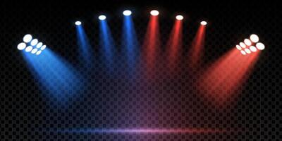 Red and blue stadium spotlight beams shine on empty stage. concert or sport scene with floodlights and dark background. Abstract arena, runway or boxing ring reveal with dramatic effect. vector