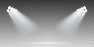 Realistic concert spotlight scene with bright LED floodlights over stadium stage. Transparent background. Night sport arena or presentation podium with mist, sparkle and dramatic illumination. vector