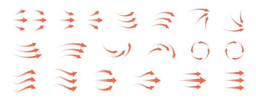 Airflow icon set featuring circular arrows, heat waves and wind streams. Red symbols for ventilation, AC, purifier or climate control illustration. Clean and modern design. vector