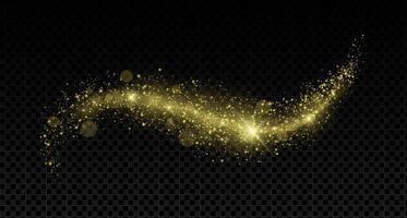 Gold glitter star dust swirl with magical light trail and glowing particles. Shiny abstract wave pattern creates elegant festive background with shimmer, flare and burst effects. vector