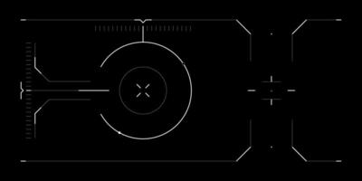 Futuristic tech HUD overlay with digital UI for drone or sci fi interface. Cyberpunk screen layout with radar, reticle, glitchy data and FPV view. Black background with hologram elements. vector