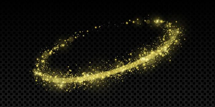 Golden light trail with magic sparkles and glowing swirl. Abstract curved wave with shimmer, dust and flare on black background. Dynamic 3D fantasy ring illustration. vector