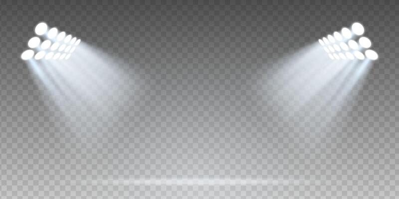 Shiny spotlight beams on dark stage background. Blue rays with glow and sparkle effects. Abstract night scene for concert, disco, stadium or nightclub. Transparent, decorative light design.