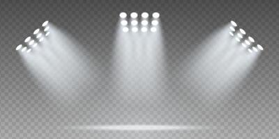 Realistic 3D stadium with bright LED spotlights and illuminated football field. Night sport event background design with neon floodlights and dramatic beam effects on dark transparent backdrop. vector