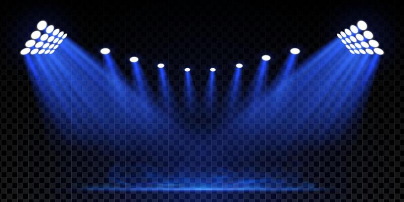 Night stadium concert with blue spotlight and fog. Football field with smoke, haze and LED floodlights. Bright stage lights, disco atmosphere and abstract illuminated background. illustration
