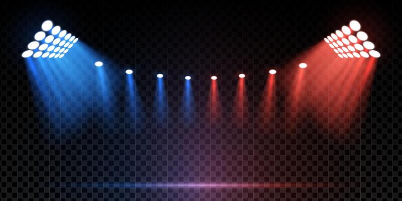 Spotlight sport stage with red blue lighting and dark arena background. Shows floodlights, glitter effects and dramatic beams. Scene evokes competition, show and entertainment energy eps illustration