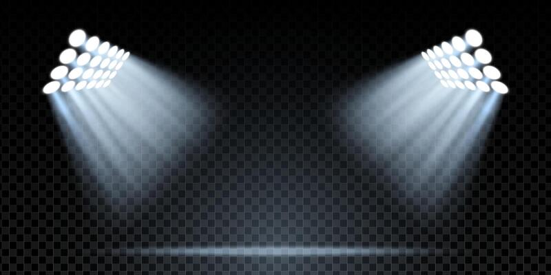 Spotlight background with blue beams, stage illumination and glittering rays. Abstract lighting effect for concert, club, show or stadium scene. Transparent, shiny and atmospheric design EPS element