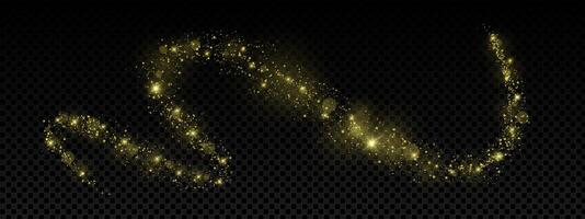 Magic gold glitter dust swirl with stars, sparkles and glowing light trail. Bright shimmer effect with flare, bokeh and stardust on dark background. Fantasy night illustration. vector