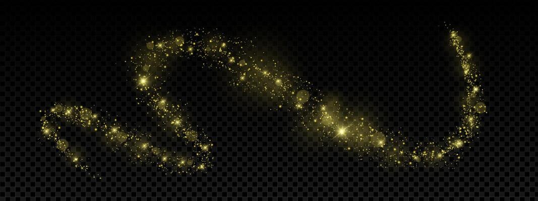 Magic gold glitter dust swirl with stars, sparkles and glowing light trail. Bright shimmer effect with flare, bokeh and stardust on dark background. Fantasy night illustration.