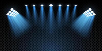 3D stadium scene with illuminated football pitch, bright LED spotlights and neon glow. Night event atmosphere with floodlights, beams and empty stage. Realistic background with luxury sparkle. vector