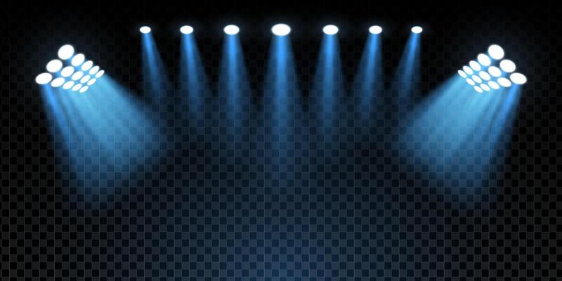 3D stadium scene with illuminated football pitch, bright LED spotlights and neon glow. Night event atmosphere with floodlights, beams and empty stage. Realistic background with luxury sparkle.