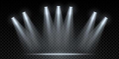Realistic stadium spotlight scene with illuminated stage and bright LED floodlights. Night concert or football event atmosphere with sparkle, ceiling lights and dramatic shine. Transparent background. vector