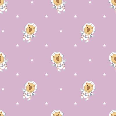 Seamless pattern with capybara astronaut on backdrop of the starry sky