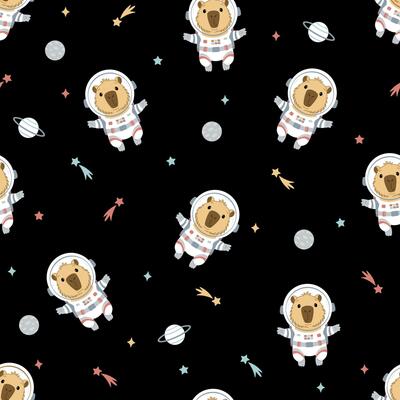 Seamless pattern a capybara in space with stars and planets.