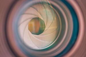 Creative macro closeup of camera lens with abstract reflections and textures, artistic photography detail, modern tech concept, vibrant colors, and sharp focus for design inspiration photo
