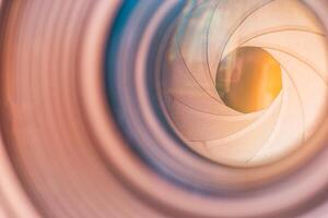 Artistic abstract closeup of macro camera lens with detailed textures, creative photography concept, modern technology background, vibrant colors, and sharp focus for visual inspiration photo