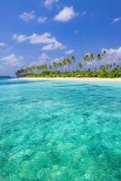 Vertical tropical beach panorama featuring white sand coastline and turquoise water, dreamy island scene perfect for exotic summer holidays and travel destination visuals photo