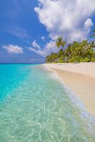 Vertical scenic tropical beach panorama with stunning turquoise water, fine white sand, and peaceful atmosphere, ideal for exotic summer travel and island vacation visuals photo