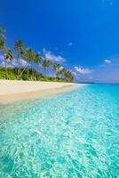 Tropical island shoreline in vertical panorama with turquoise sea and bright white sand, exotic coastal destination for summer escape, beach lifestyle, and ocean retreat photo