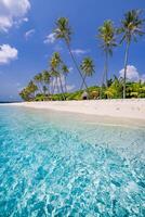 Panoramic vertical tropical beach view with turquoise ocean and soft white sand, beautiful island escape perfect for summer relaxation, vacation design, and travel background photo