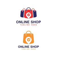 online shopping logo design modern minimal shopping bag pin location check mark vector