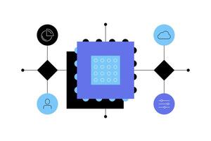 Data flow, high tech, development. Processor with flowchart vector