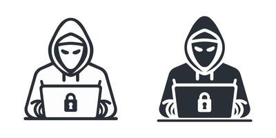 Security and protection. Hacker with laptop line and flat icon vector
