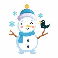 Funny cute snowman and snowflakes. Illustration on white background. postcard decoration element. vector