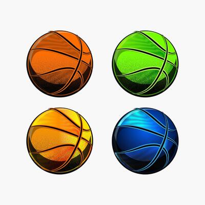 Four stylized basketballs are depicted, each with a distinct color