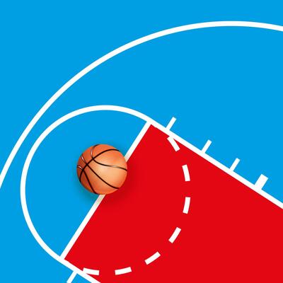 An orange basketball rests partially on a stylized court with vibrant red and blue sections