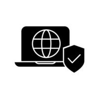 laptop computer with shield and social media icon over white background, silhouette style, illustration vector