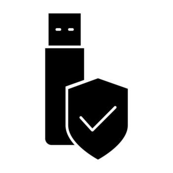 Usb flash drive with shield solid icon. Memory stick with protection sign. Pictogram for web page, mobile app, promo. UI UX GUI design element vector