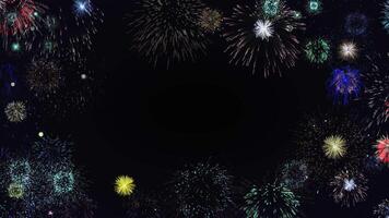 Fireworks. Loop seamless of realistic fireworks on deep blue background with place for text or logo in the center. Beautiful holiday pyrotechnic show of glowing fireworks in night sky. video