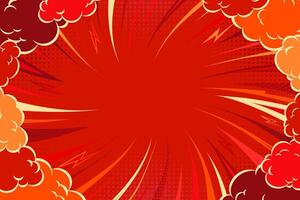 Red Pop Art Comic Background with Clouds Border. Red comic halftone style background. Retro comic book style empty backdrop for magazine, cover, ad, banner, websites vector