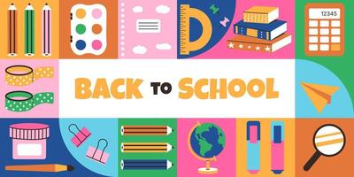 Back to School banner template. Minimalist Geometric background. Trendy minimalist design with simple shapes supplies icons. Education invitation, card, cover, sale. Colorful frame from stationery. vector