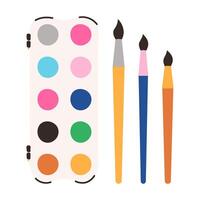 School Watercolor paints and paintbrush isolated on white background. Watercolour palette and brushes, art tool in flat style. Artist equipment. vector