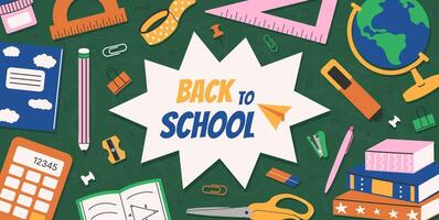 Back to school banner template. Education background with hand drawn elements. Blackboard and school supplies. Globe, rulers, book, pencils, doodle. design for card, poster, flyer, sale vector