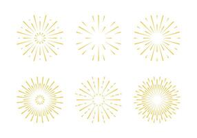 Sunburst set. Gold radial lines shape. Abstract fireworks in flat style isolated on white background. Bright pyrotechnic burst for festival design. vector
